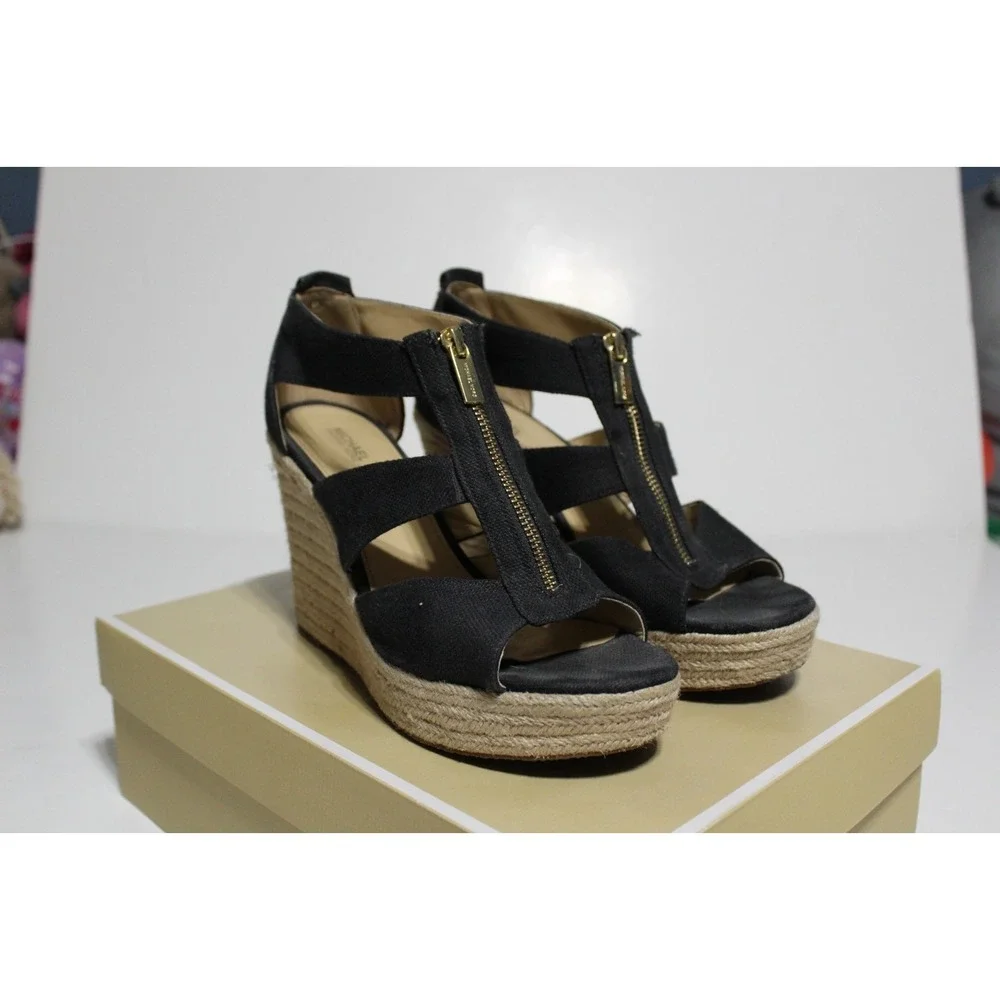 Michael Kors Damita Womens 10 M Espadrille Black Canvas Zip Front Wedge Sandal